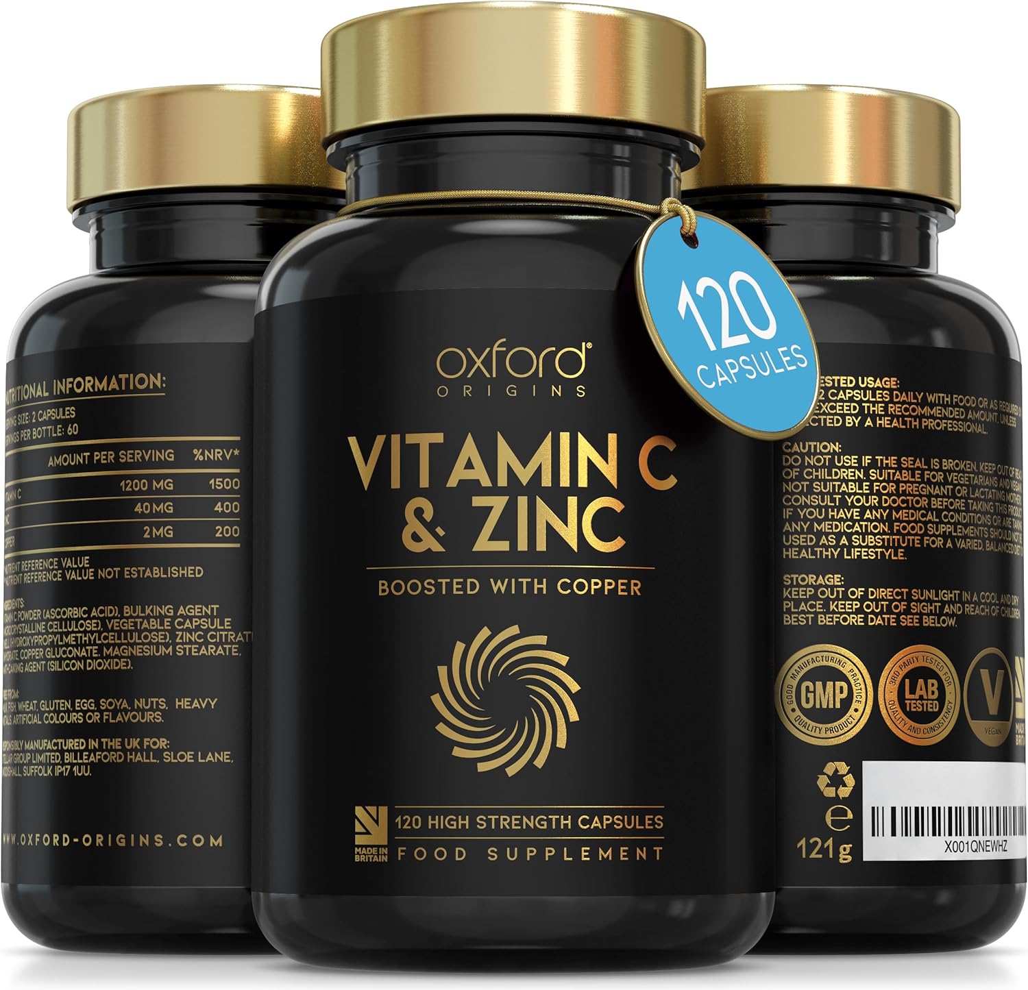 Vitamin C and Zinc Capsules, 1200mg Vitamin C Boosted with 40mg Zink & 2mg Copper per Serving | 120 High Strength Vegan Capsules | Balanced VIT C and Zinc Supplements for Women & Men | Made in The UK