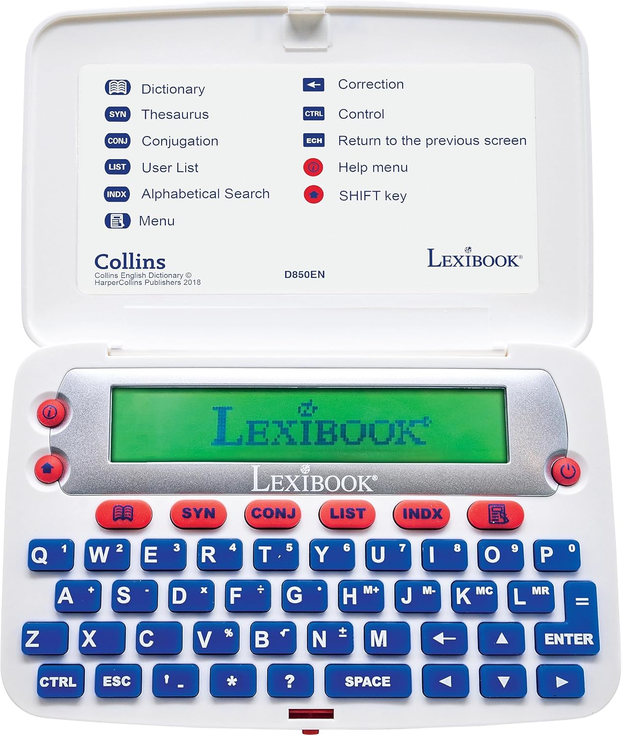 Lexibook, The Collins English dictionary, 13th Edition-Electronic Dictionary, Definitions, Thesaurus, Conjugation, Phonetic Spellchecker, Crossword Solver, with Battery, Blue/White, D850EN