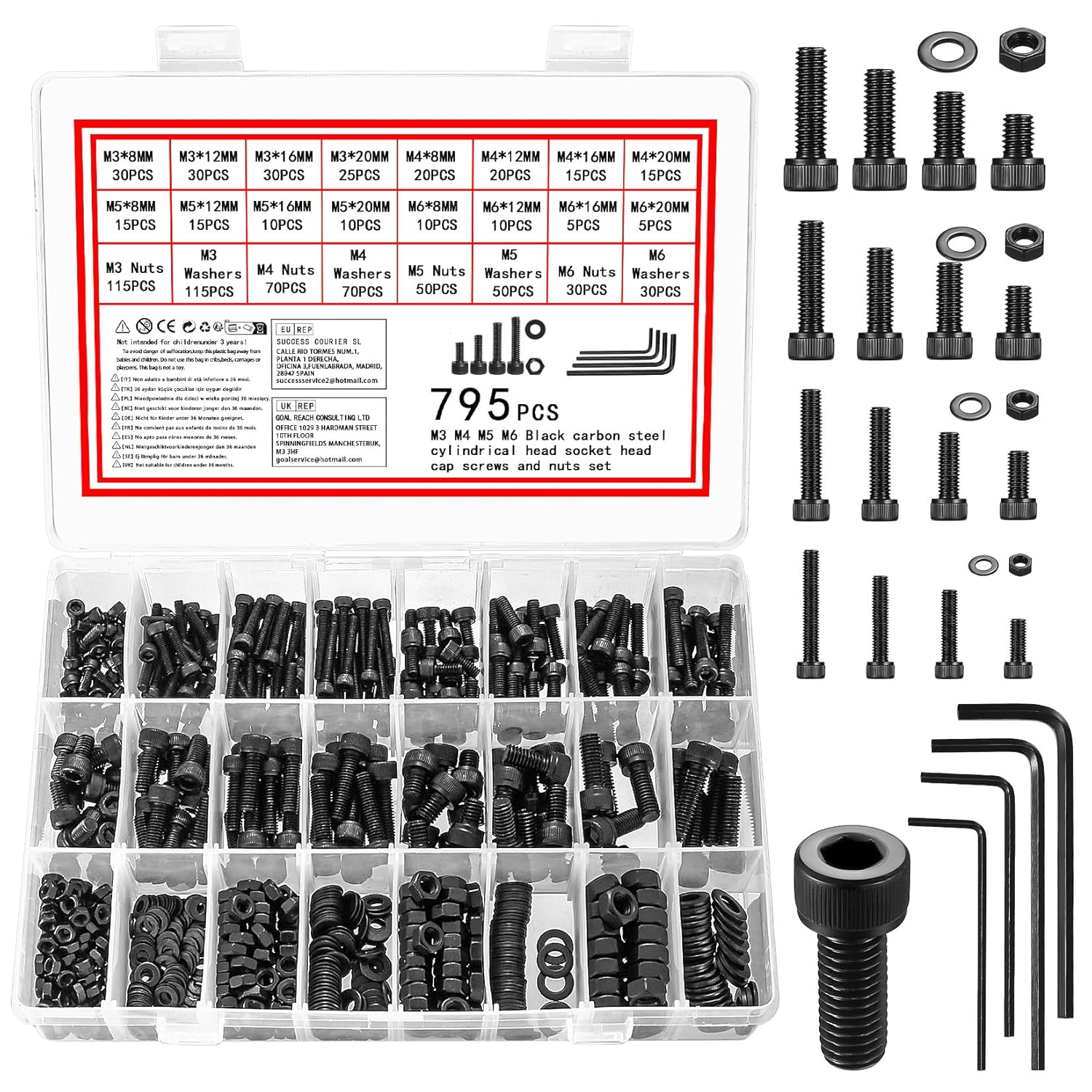 Vwoqiy 795 Pcs Black Nuts and Bolts Set, M3 M4 M5 M6 Bolts and Nuts Set, Metric Hex Socket Head Cap Screws Set, Machine Screws and Washers Assortment Kit for Bicycle Motorcycle Repair