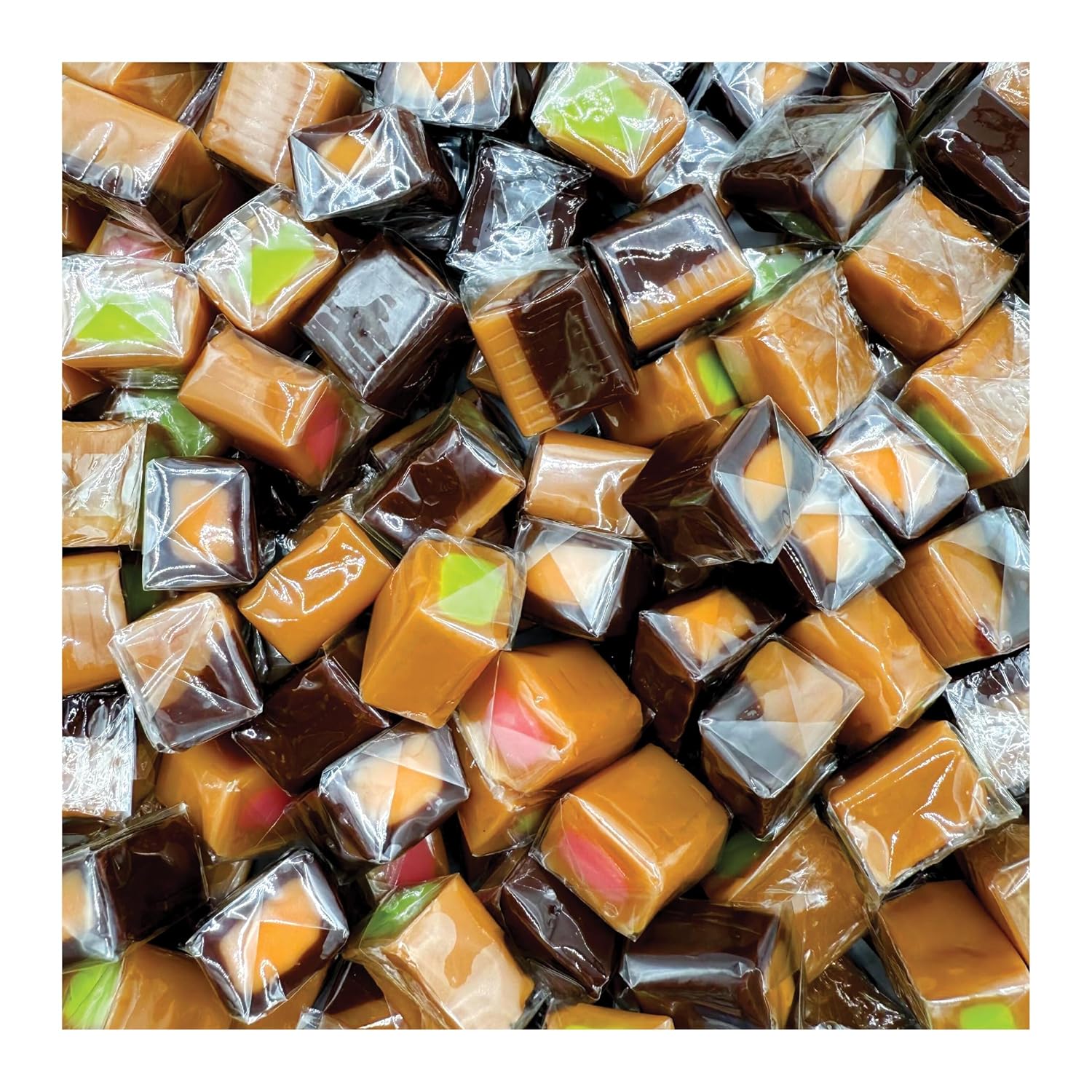 Caramel Cubes Candy Mix - 2 Pound Bulk Pack (About 150 Count) - Filled Creamy Caramels Individually Wrapped - Vanilla, Chocolate, Apple, Strawberry - Assorted Chews