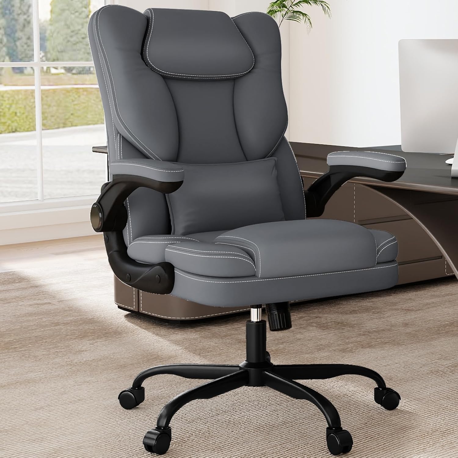 Ergonomic Office Chair with Flip-up Armrests 300lbs,Middle-Tall Computer Office Desk Chair with Lumbar Support,Executive PU Leather Chair with Rocking Function Adjustable Height for Home Office