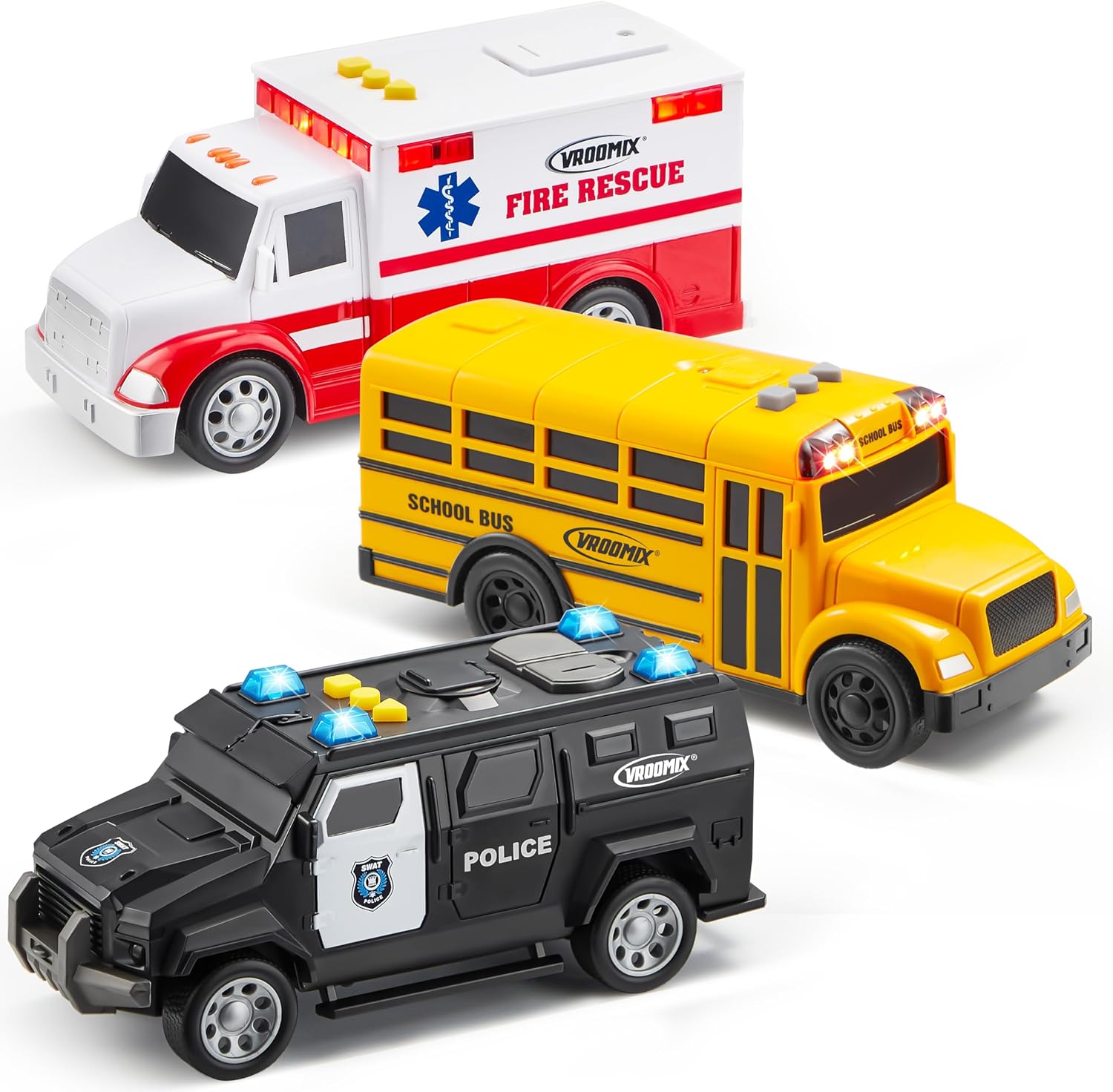 3-Pack Emergency and School Vehicle Toy Set – Friction Powered Police Car, Ambulance, and Student Bus with Lights and Sounds – Educational and Safe Toy for Kids, Ideal Gift for Boys and Girls