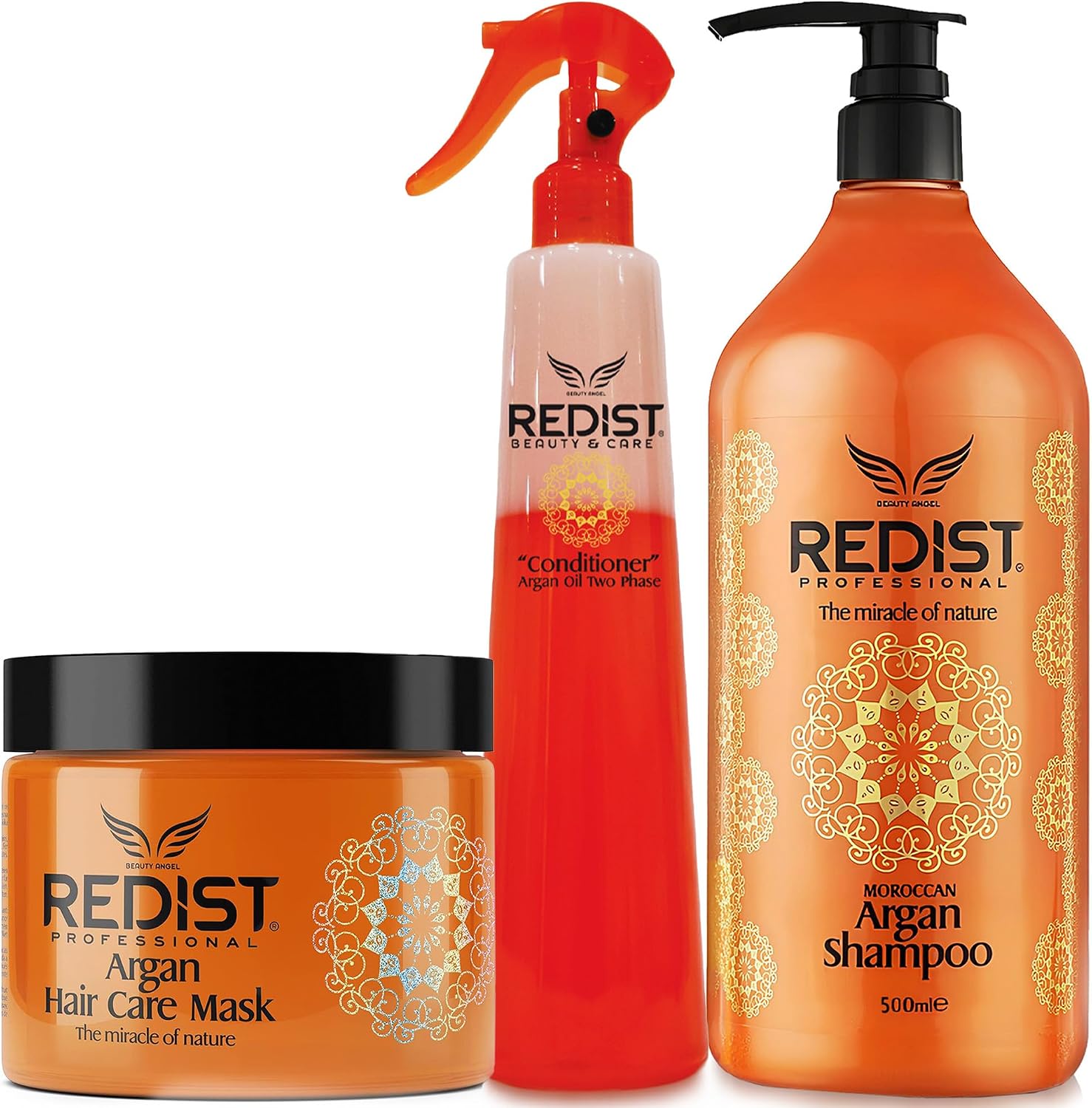 Redist Moroccan Argan Shampoo 500ml + Hair Mask 500ml + Conditioner 400ml | Repairs, Strengthens & Restores Shine | Anti Dandruff & Scalp Moisturiser | Natural Floral Scent Hair Care Set