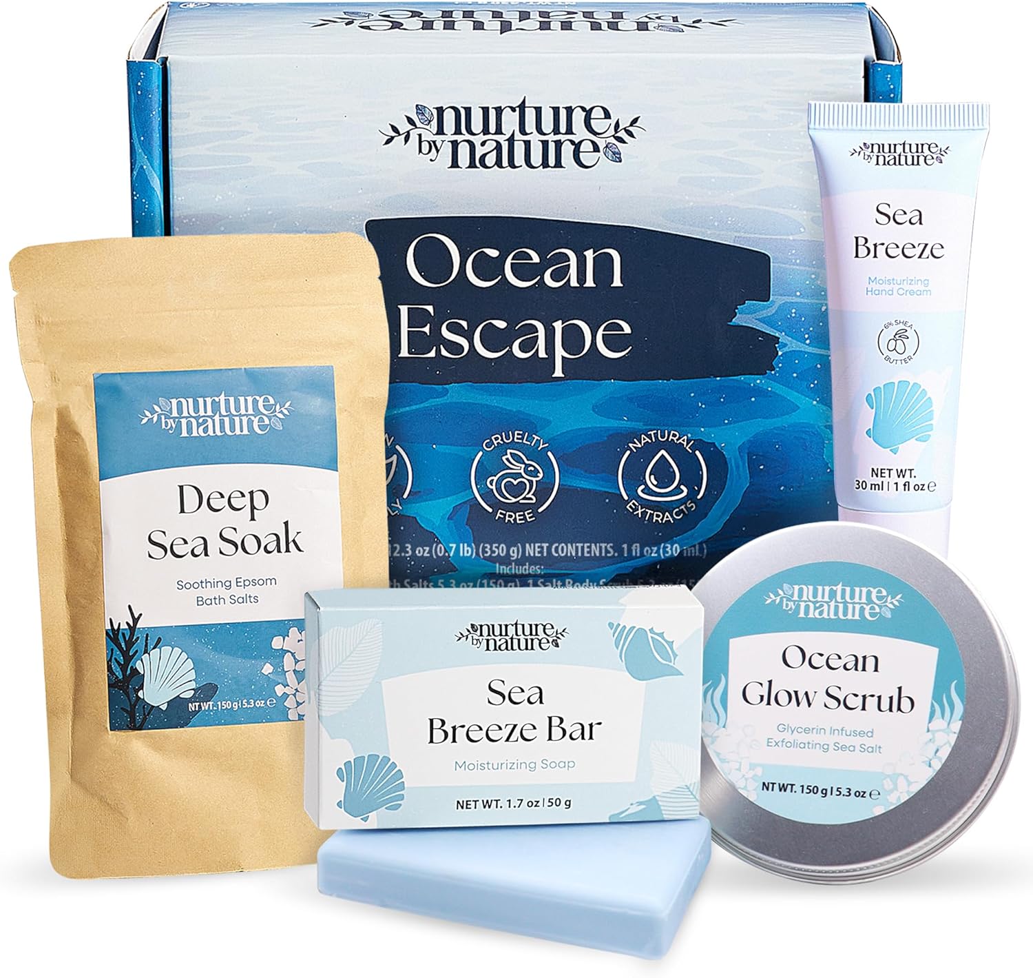Nurture by Nature Ocean Escape Spa Box – Glycerin Infused Bath Set, Pamper Gifts for Women with Body Scrub, Epsom Bath Salts, 6% Shea Hand Cream & Soap – Cruelty-Free Gift Sets for Women