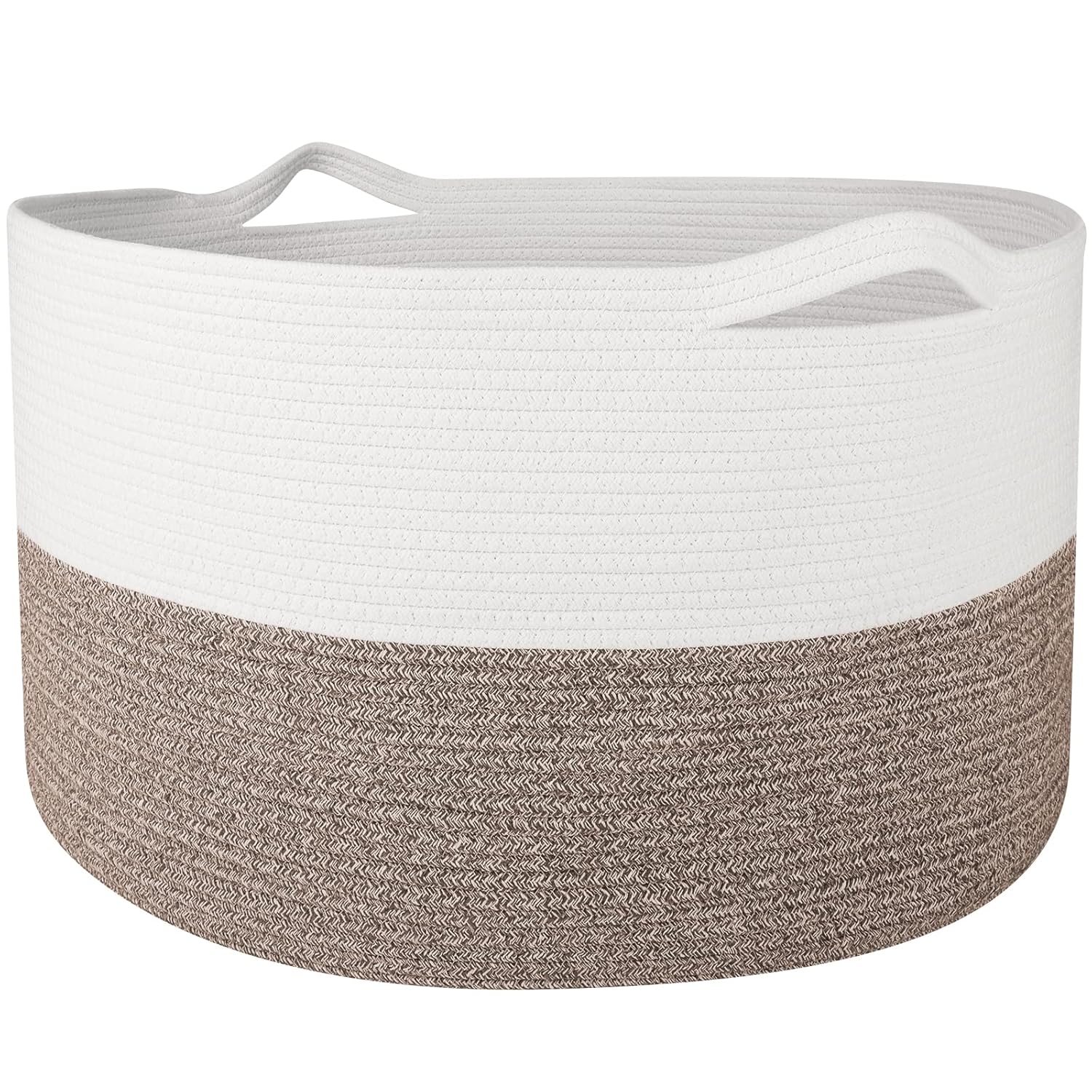 WISELIFE Storage Basket Large Cotton Rope Basket 23.6"x 23.6" x 14.2" with Handle Big Soft Nursery Cube Bin Laundry Hamper for Living Room(White/Brown)
