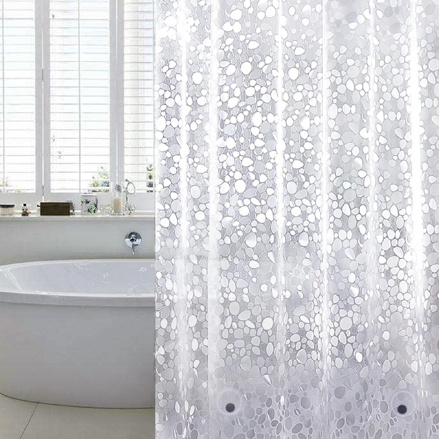 WELTRXE Shower Curtains Mould Proof Mildew Resistant, Waterproof Shower Curtain Liner, 3D Effect Clear Pebble EVA Bath Curtain with 3 Magnets, Heavy Duty Bathtub Curtains with 12 Hooks, 183 x 183cm
