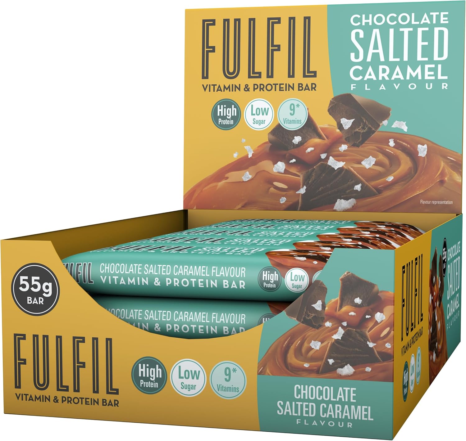 FULFIL Vitamin and Protein Bars (15 x 55 g Bars) — Chocolate Salted Caramel Flavour — 20 g High Protein, 9 Vitamins, Low Sugar