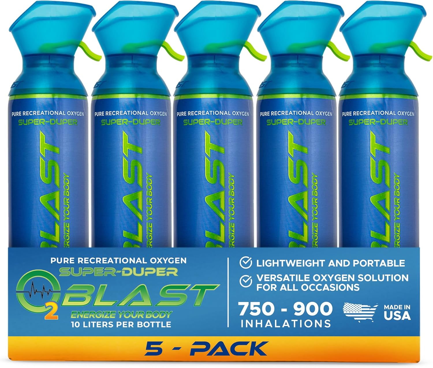 O2 Blast 95-99% Pure Oxygen, 10 Liter Portable Can 5 Pack with Custom Breathing Mask, Increase Stamina & Reduce Recovery Time, Ideal for High Altitude & Sports Recovery
