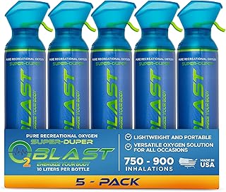O2 Blast 95-99% Pure Oxygen, 10 Liter Portable Can 5 Pack with Custom Breathing Mask, Increase Stamina & Reduce Recovery Time, Ideal for High Altitude & Sports Recovery
