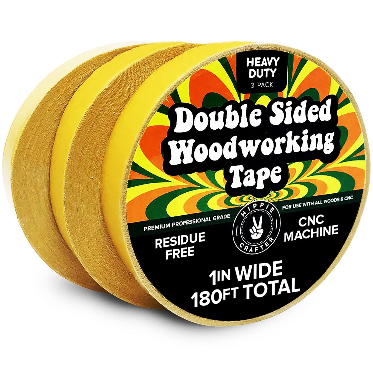 HIPPIE CRAFTER 3 Pack Double Sided Tape for Woodworking, 1 Inch Wide Heavy-Duty Sticky Tape for CNC Machines and Routing Templates, 60 Feet Each, 180ft Total