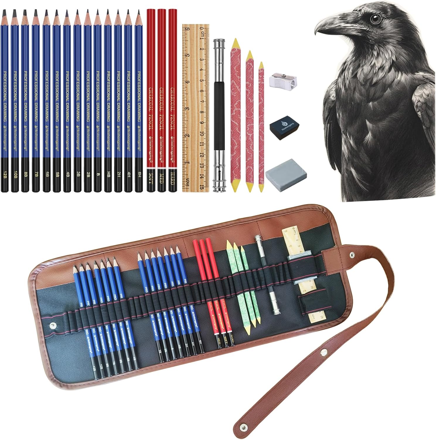 Drawing Sketching Pencil Set, 26 pcs Draw Supplies Kit, 14 Graphite (12B -6H), Charcoal Erasers Sharpener Extender, Ideal for Drawing Art, Sketching, Shading, Artist Pencils for Beginners Pro Artists