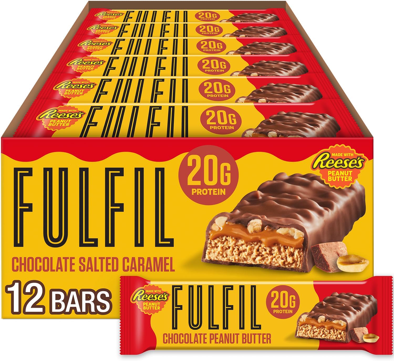 FULFIL Chocolate Peanut Butter Flavored Protein Bar Made with REESE's Peanut Butter, Gluten Free with 20g Protein, Pantry Staples, 12 Count