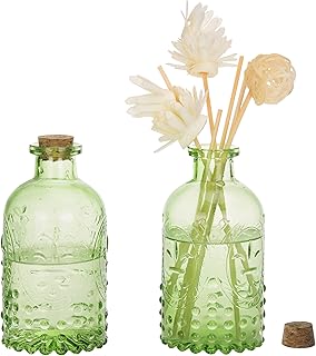 MyGift Vintage Embossed Green Glass Small Reed Diffuser Bottle with Cork Lid, Decorative Flower Bud Vase, Set of 2