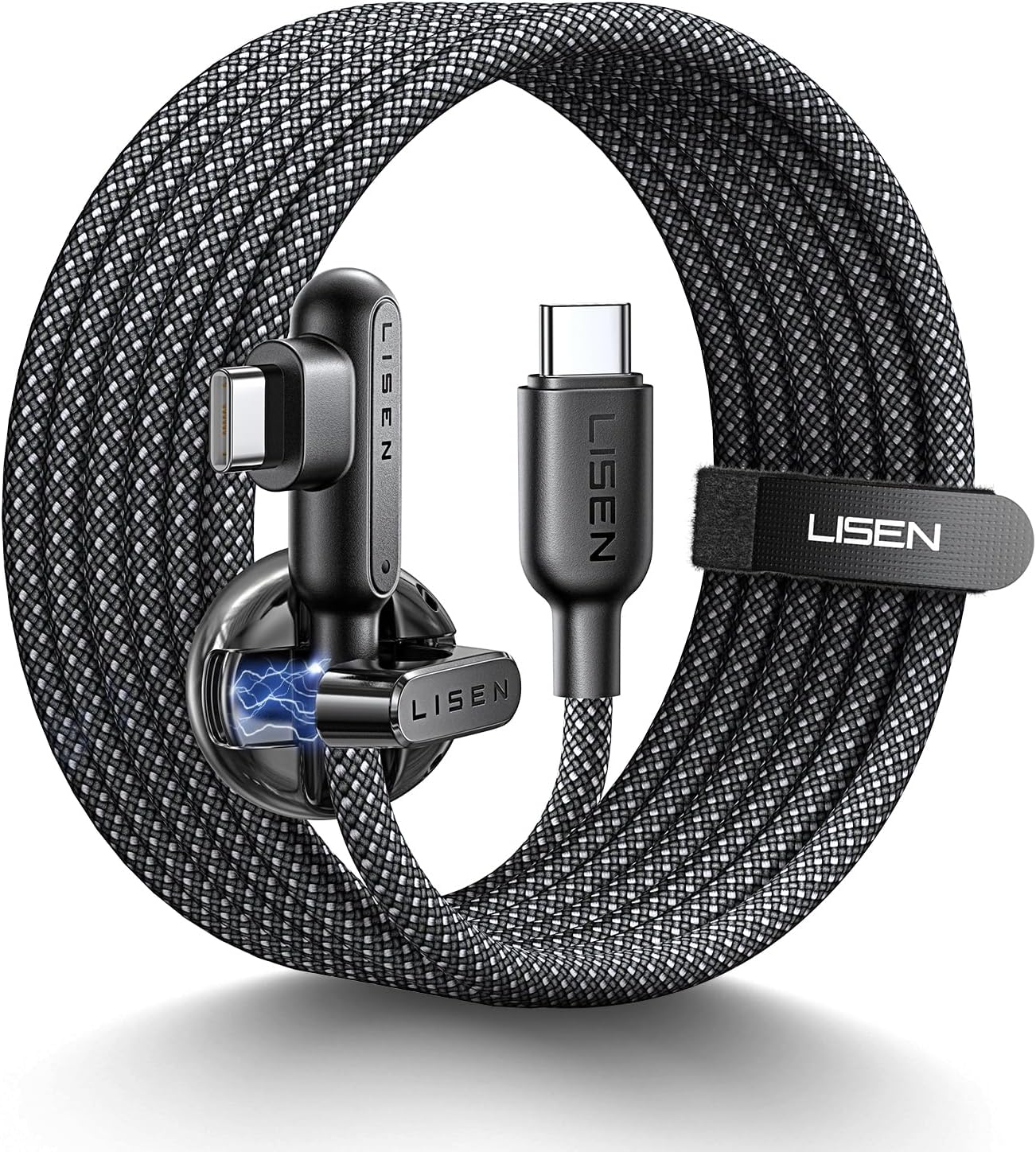 LISEN USB C to USB C Charger Cable 100W, Type C Charger Cable Fast Charging [2M, Cord Holder] Right Angle USBC to USBC for iPhone 16e 16 15 Pro Max, iPad Pro/Air, MacBook Pro, Samsung S25 Ultra, PS5