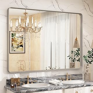 48x36 Silver Bathroom Mirror, Brushed Silver Framed Bathroom Vanity Mirror, Modern Rectangle Mirror, Rounded Corners, Shatterprood, Anti-Rust (Horizontal/Vertical)