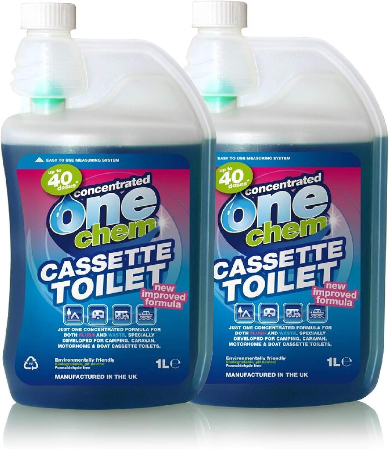 One Chem Concentrated Cassette Toilet 2 x 1L, 2 in 1 PH Neutral Formula for Cassette Toilets