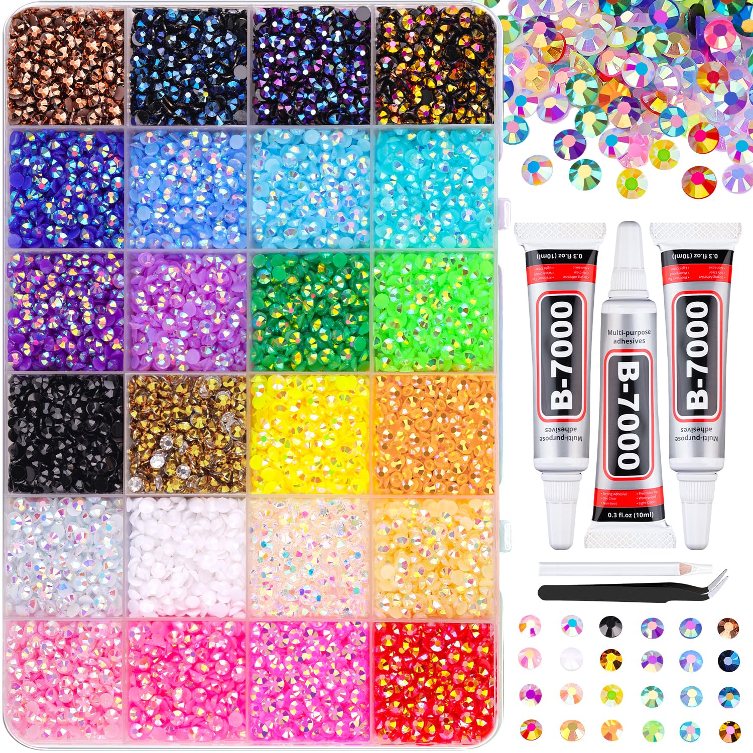24000Pcs Resin Jelly Rhinestones for Bedazzling, Mixed-Color 3mm Flatback Gems for Diamond Art, Bedazzler Kit with 3Pcs 10ml B7000 Jewelry Glue for Crafting Crafts Book Shoes Nail Art