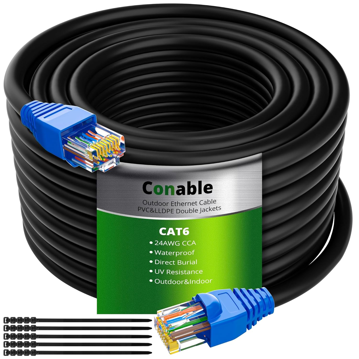 Cat6 Outdoor Ethernet Cable 100ft, Heavy Duty Double Jackets Internet Cord, Waterproof, Direct Burial, (from 25FT to 300 FT) Support PoE Cat6 Cat5e Cat5 Network, Cat 6 RJ45 Patch Cable with 25 Ties