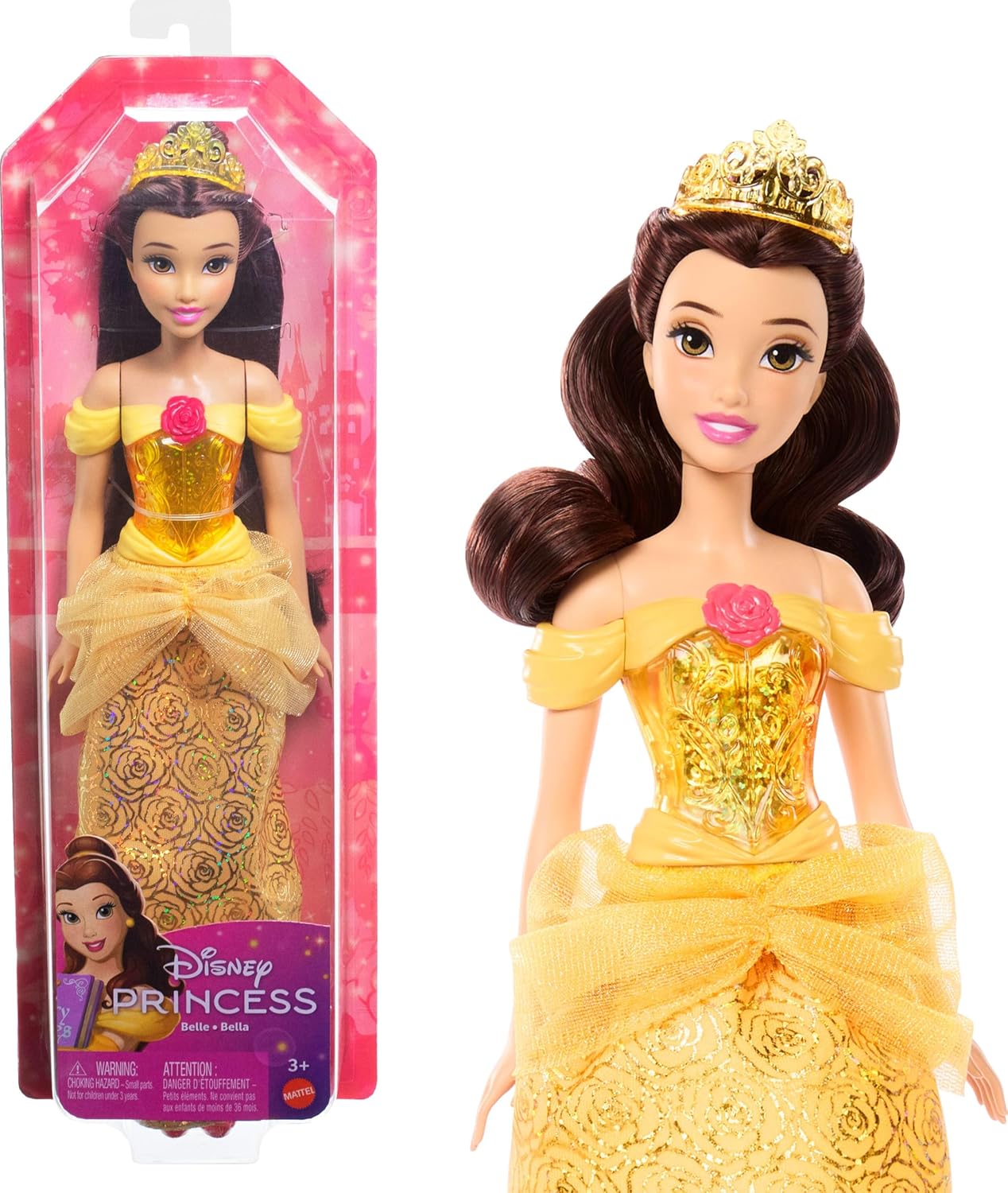 Mattel Disney Princess Dolls, Belle Posable Fashion Doll with Sparkling Clothing and Accessories, Disney Movie Toys, HLW11