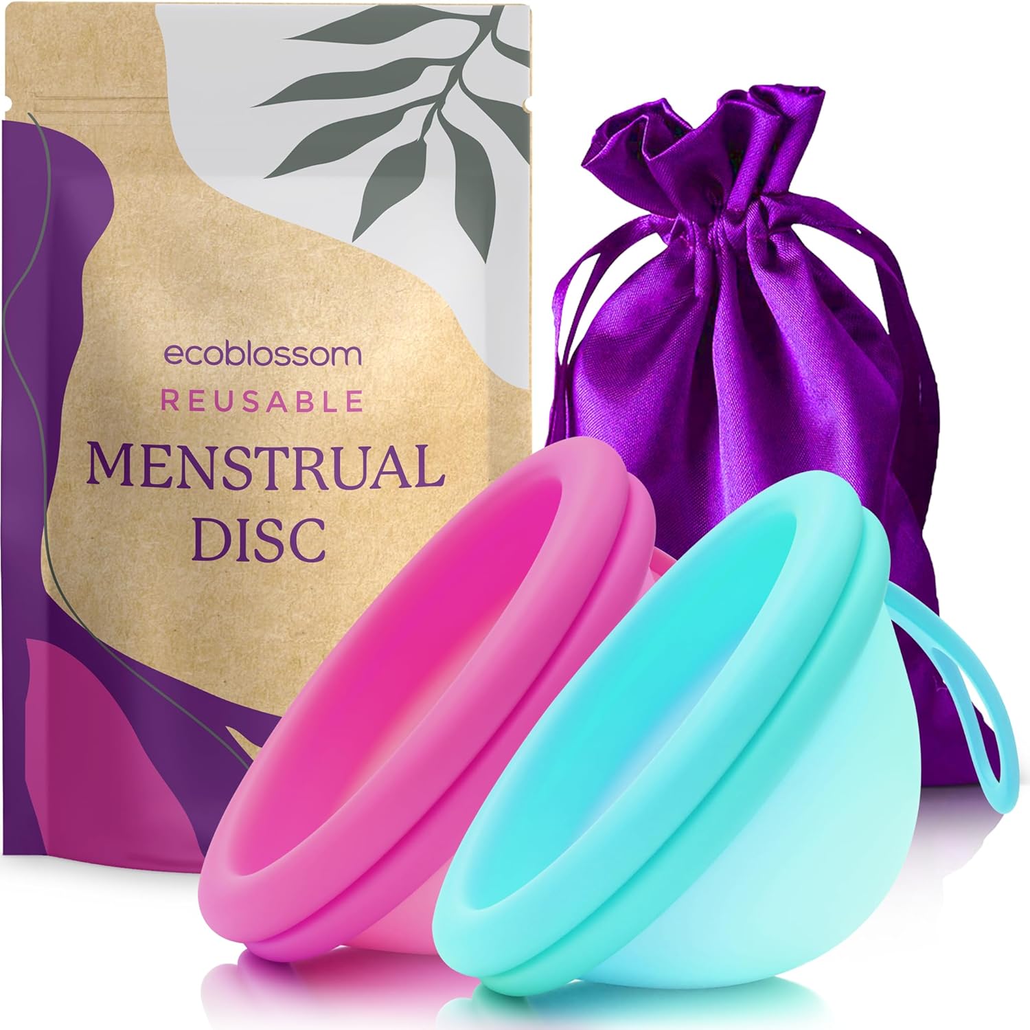 Ecoblossom Reusable Menstrual Disc - Menstrual Cup - Soft Period Disc for Women Designed with Flexible, Medical-Grade Silicone Period Cup (Regular, Rose & Teal)