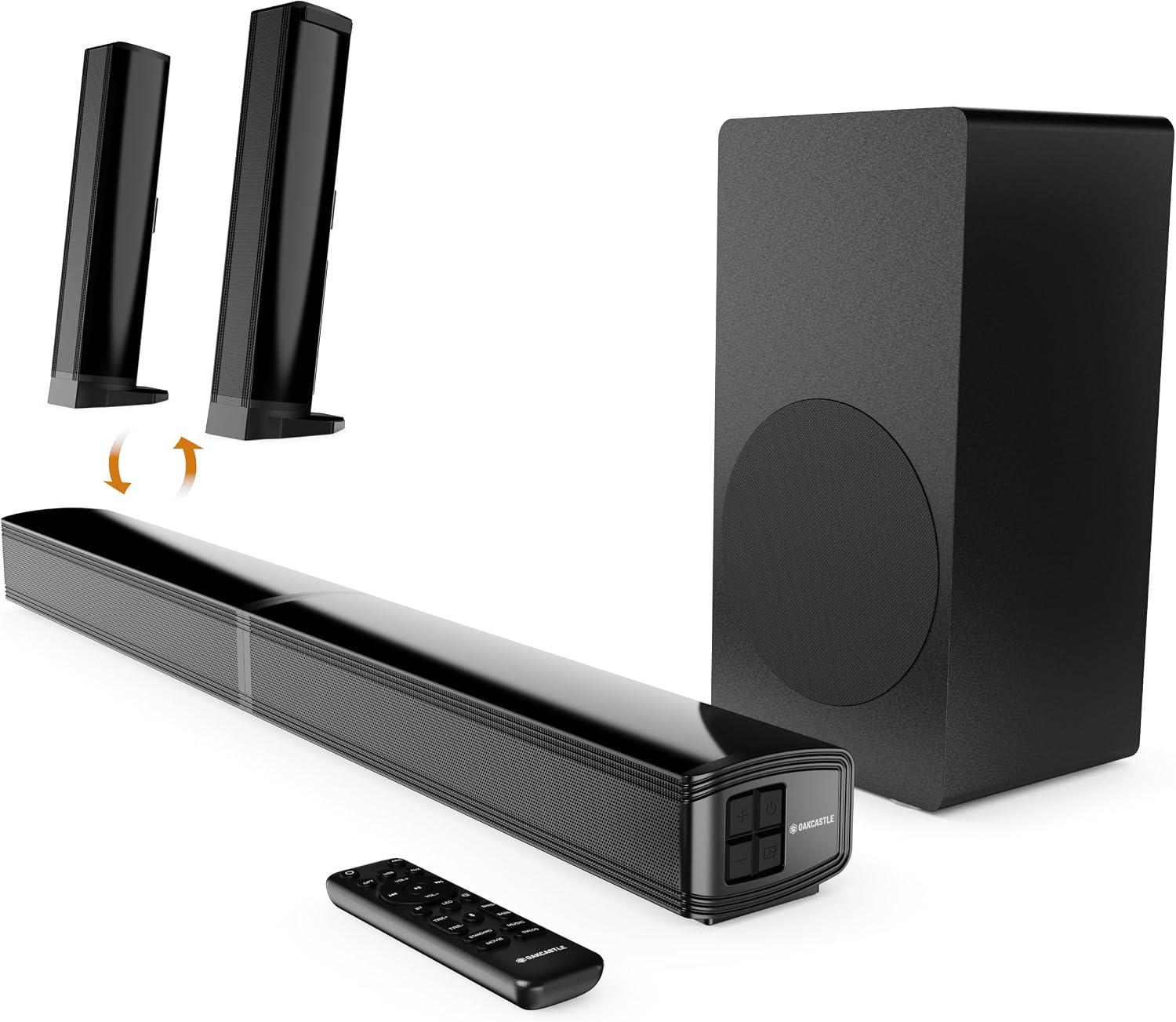 Oakcastle Split Soundbar for TV | 200W 2.1 Channel Bluetooth Soundbar with External Subwoofer, HDMI ARC, Optical, AUX & USB | Sound Bar Speakers for Gaming, PC & TV | Remote & Wall Mount | SB80 Xtra