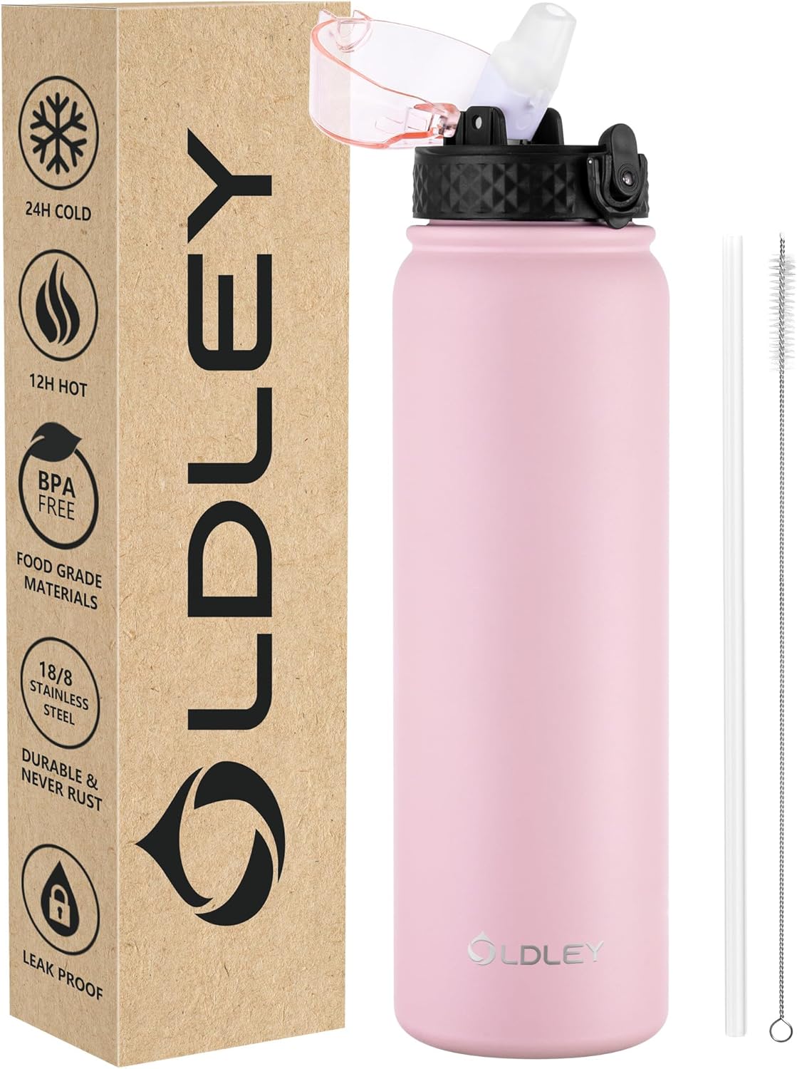OLDLEY Stainless Steel Water Bottle with Straw 1L Vaccum Insulated Large Drink Flask Metal Water Bottles 1 litre Leakproof Keep Drinks Hot Cold for Bike Camping Sports Gym Adult Women Men(Pink, 1 Lid)