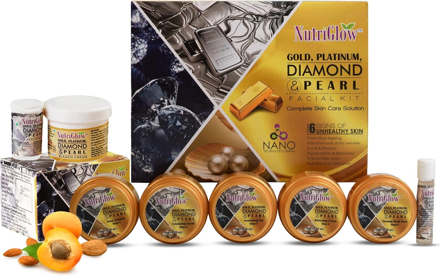 Nutriglow Gold Platinum Diamond & Pearl Facial Kit (250Gm+10Ml) & Bleach (43 Gm) Complete Skin Care, All Skin Type, Instant Cleanses, Glowing Skin, Pack of 2