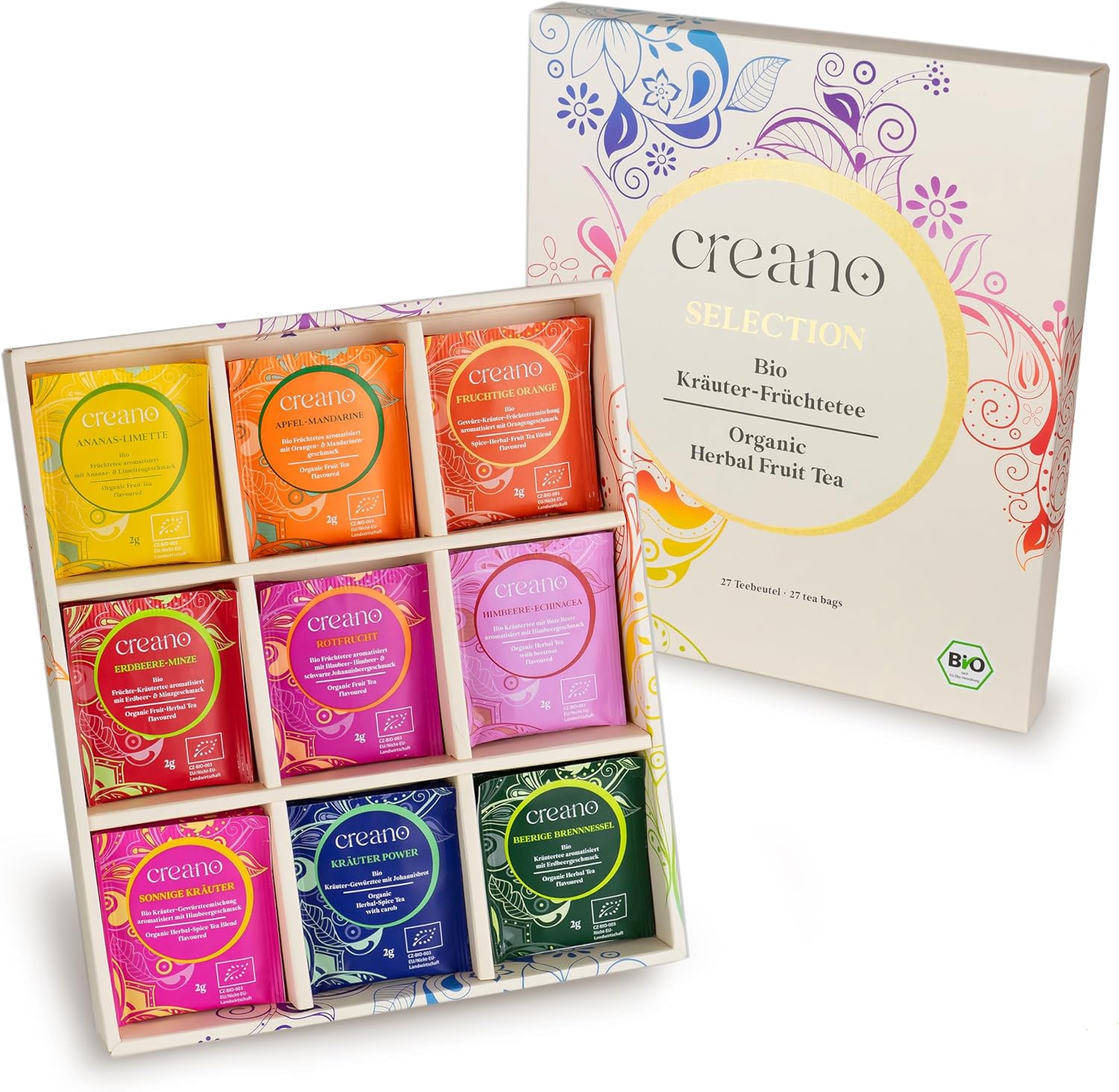 Creano Organic Fruit Tea Herbal Tea Gift Set – 27 Organic Tea Bags in 9 Dreamy Varieties – 54 g