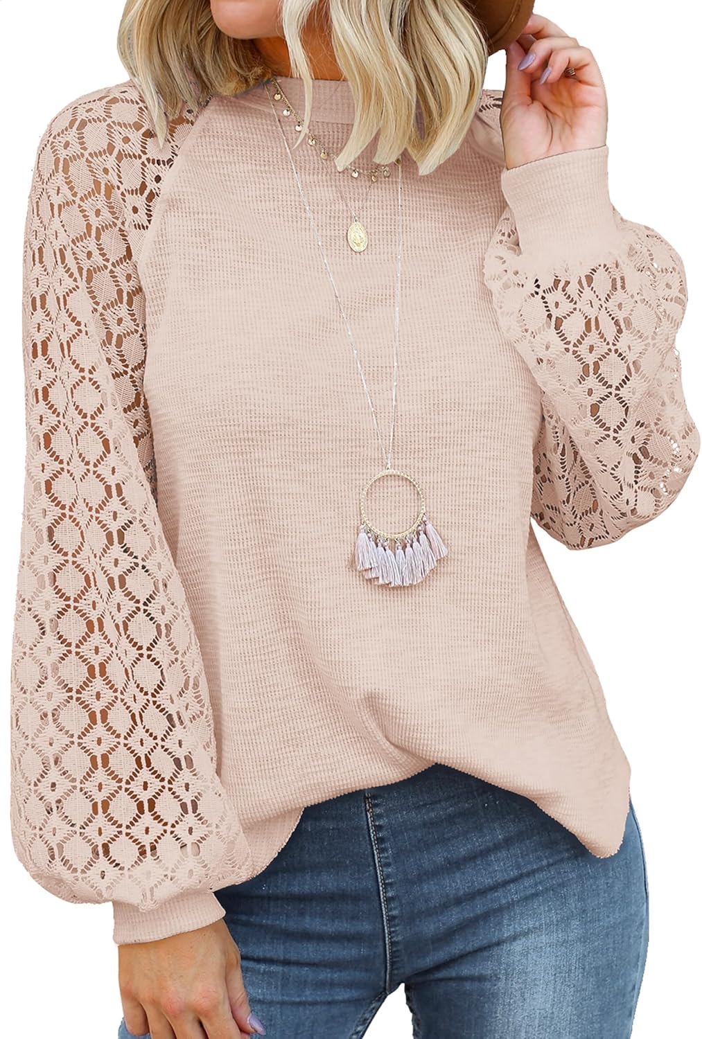 Zeagoo Womens Long Sleeve Tops Lace Plain Casual Blouses Loose Round Neck Elegant Shirts