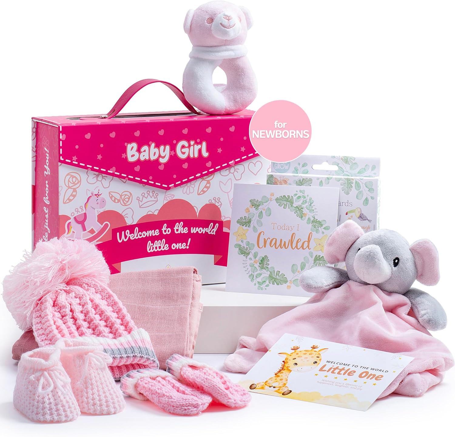 Hattie's Gifts Baby Hamper - New Baby Gift Set for Girls with Elephant Comforter, Rattle Toy, Hat, Mittens, Booties, Muslin Cloth, Milestone Cards and a Beautiful Keepsake Box