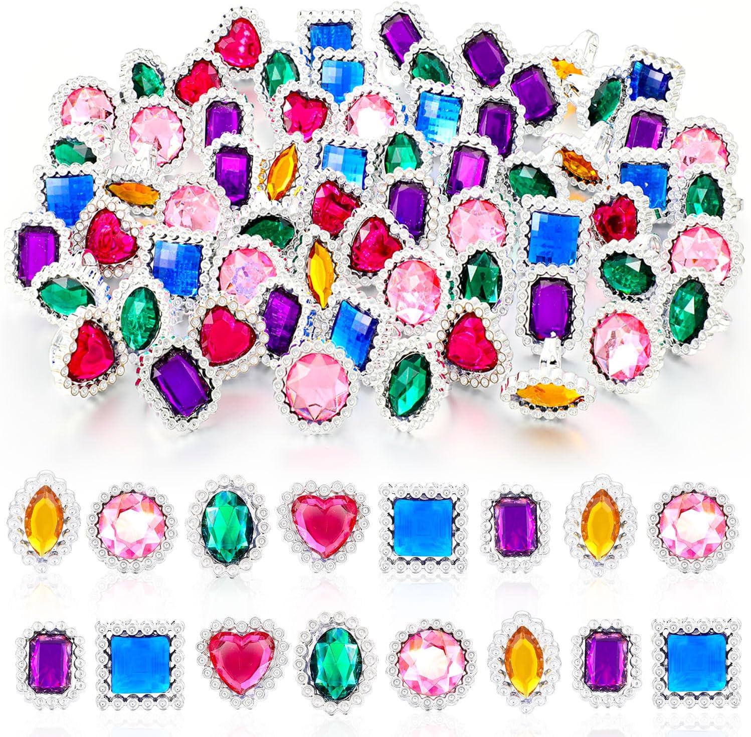 Shappy 72 Pcs Colorful Plastic Rings Adjustable Fake Princess Jewelry Rings for Bridal Shower Dress Party Accessories