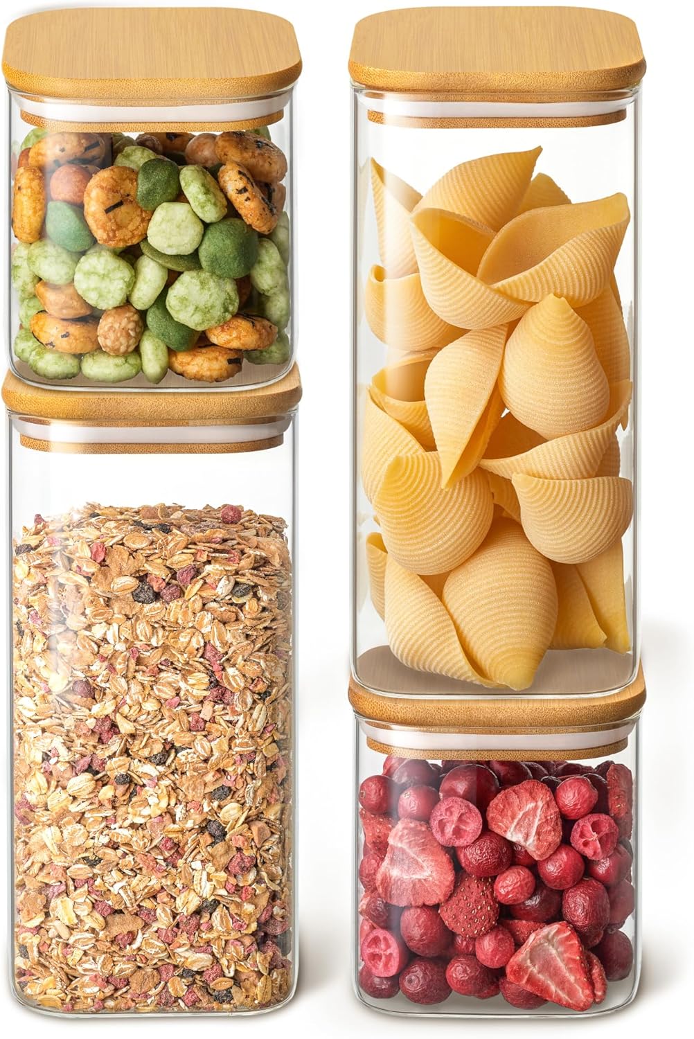 Praknu Storage Jars Square with Lid - Airtight - Dishwasher Safe - Set of 4 in 2 Sizes, Clear,