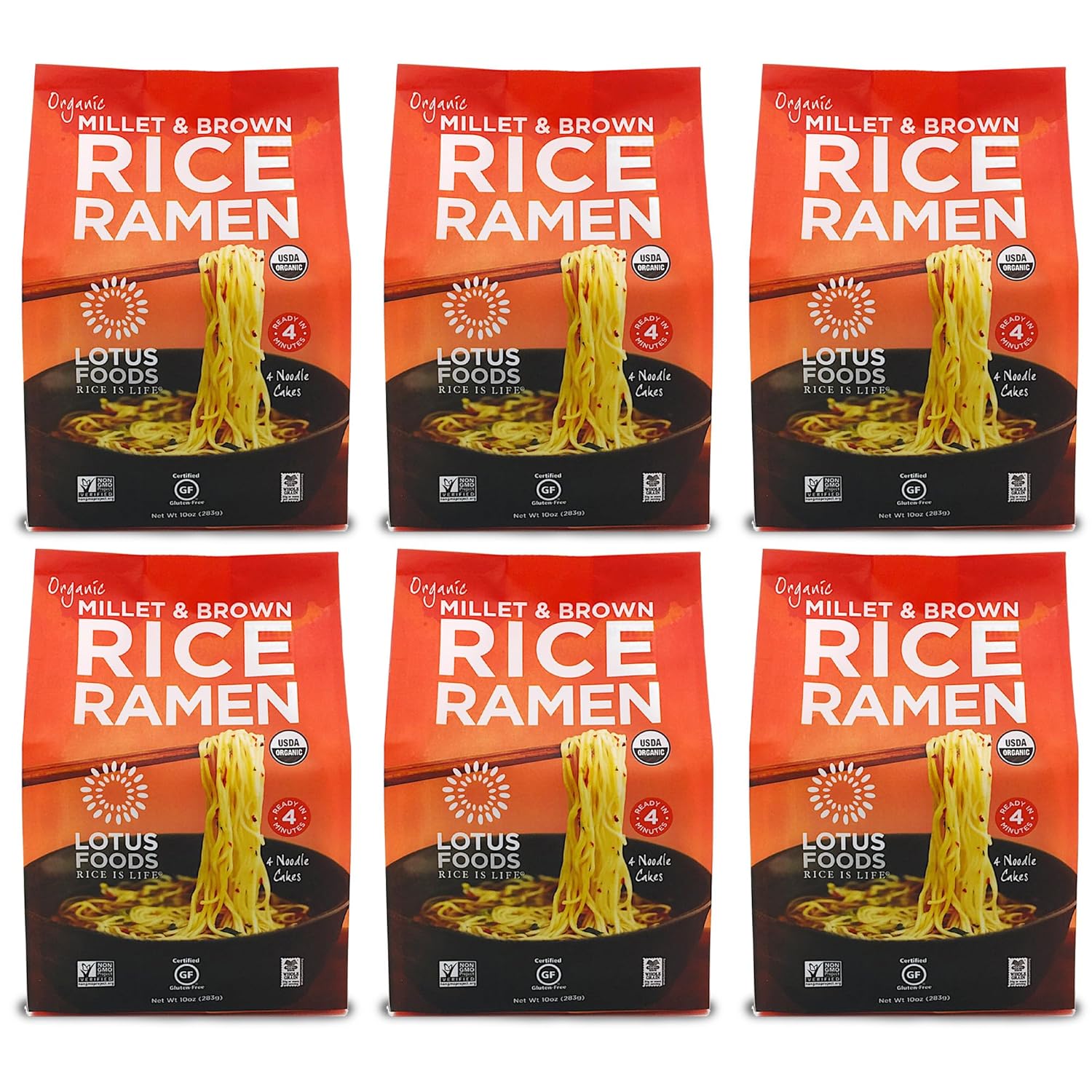 Lotus Foods Organic Millet & Brown Rice Ramen - Gluten Free Rice Ramen, Whole Grain Ramen Noodles, Low Sodium Rice Noodles, USDA Organic, Gluten Free, Vegan - 10 Oz Bags (Pack of 6)