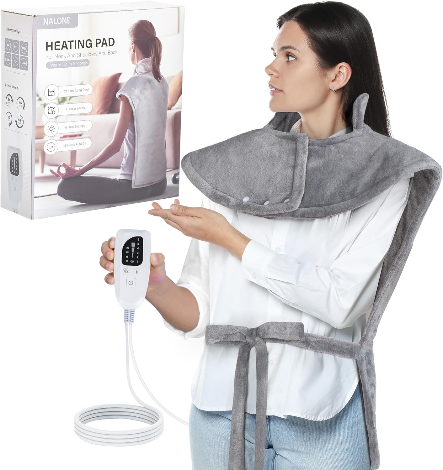 NALONE Heat Pad, Electric Heating Pads for Back Pain Relief, Neck and Shoulders (63x100cm),10ft Extra Long Cord, 6 Heat Levels, 4 Time Settings, Fast-Heating, Machine Washable (Grey)