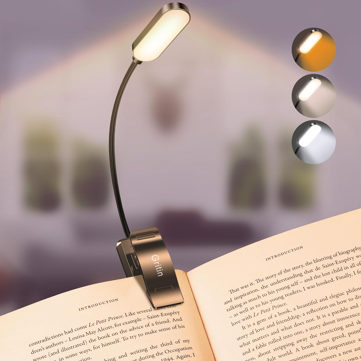 Gritin 16 LED Rechargeable Book Light for Reading in Bed- Eye Caring 3 Color Temperatures, Stepless Dimming Brightness, 80 Hrs Runtime, Lightweight Flexible Clip on Book Light for Book Lovers