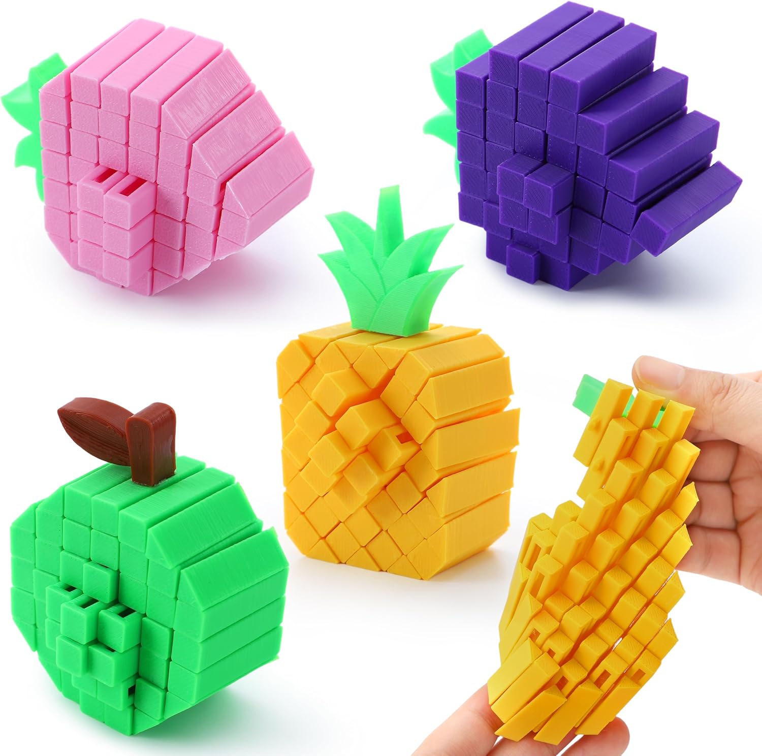 JOYIN 4 Pcs 3D Printed Fruit Fidget Toys, Flexible Cube Design Fidget Toys for Stress Relief, Kids Adults Birthday Gift Party Favors