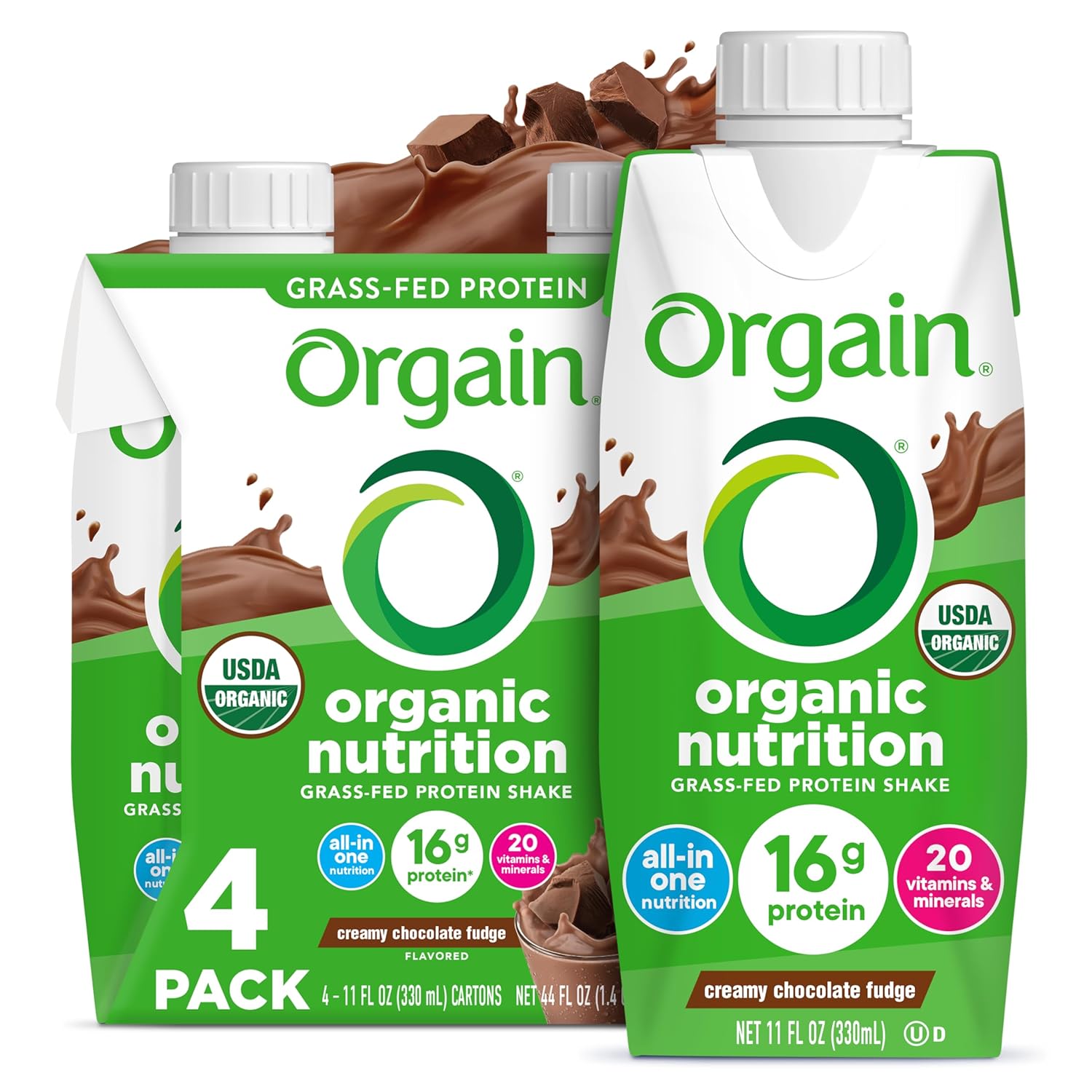 Orgain Organic Nutritional Shake, Creamy Chocolate Fudge - Meal Replacement, 16g Protein, 20 Vitamins & Minerals, Gluten & Soy Free, Kosher, Non-GMO, Packaging May Vary, 11 Fl Oz (Pack of 4)