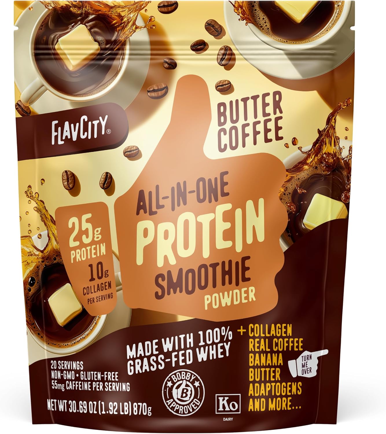 FlavCity All-in-One Protein Smoothie Powder, Butter Coffee, 20 Servings