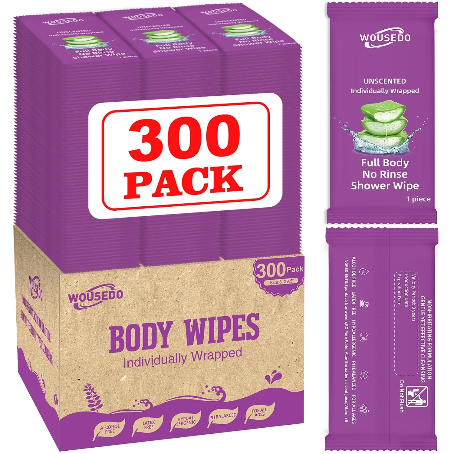 300 Pack Body Wipes Individually Wrapped(8" x 9.5"), Shower Wipes for Adult