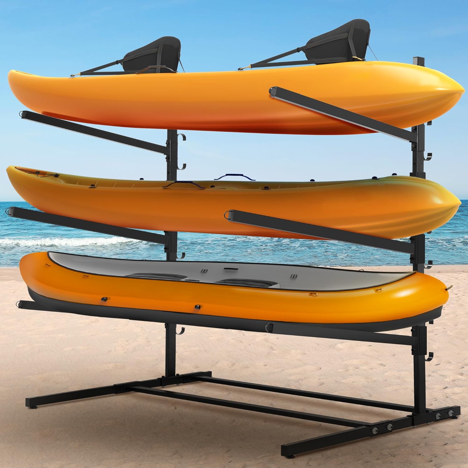 Rengue Kayak Storage Rack, Heavy Duty Freestanding Kayak Stand for 3 Kayaks, SUPs, Canoe and Paddleboard kayak rack for Indoor & Outdoor Use