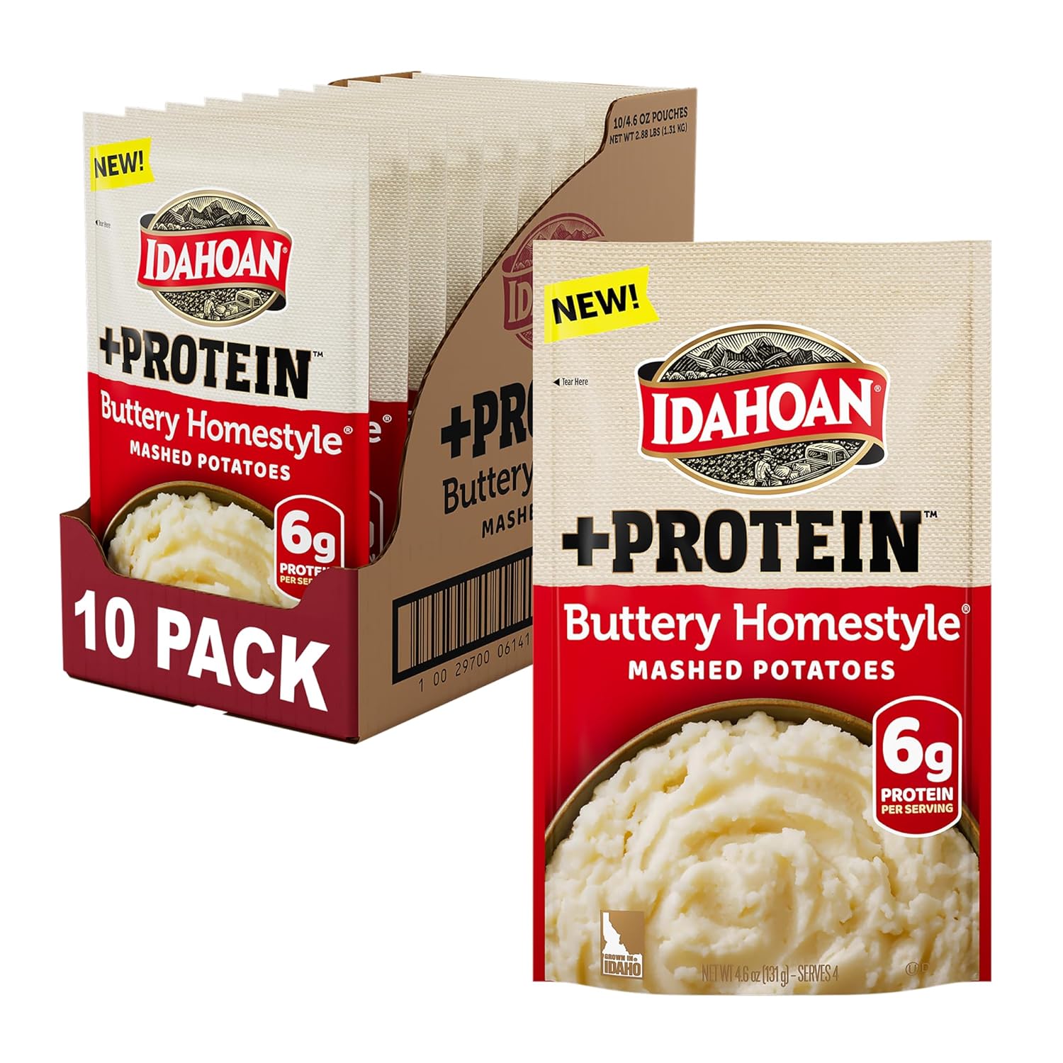 Idahoan Buttery Homestyle +Protein Mashed Potatoes, Naturally Gluten-Free, 100% Real Idaho Potatoes, 4 servings per bag, 4.6 ounce (Pack of 10)
