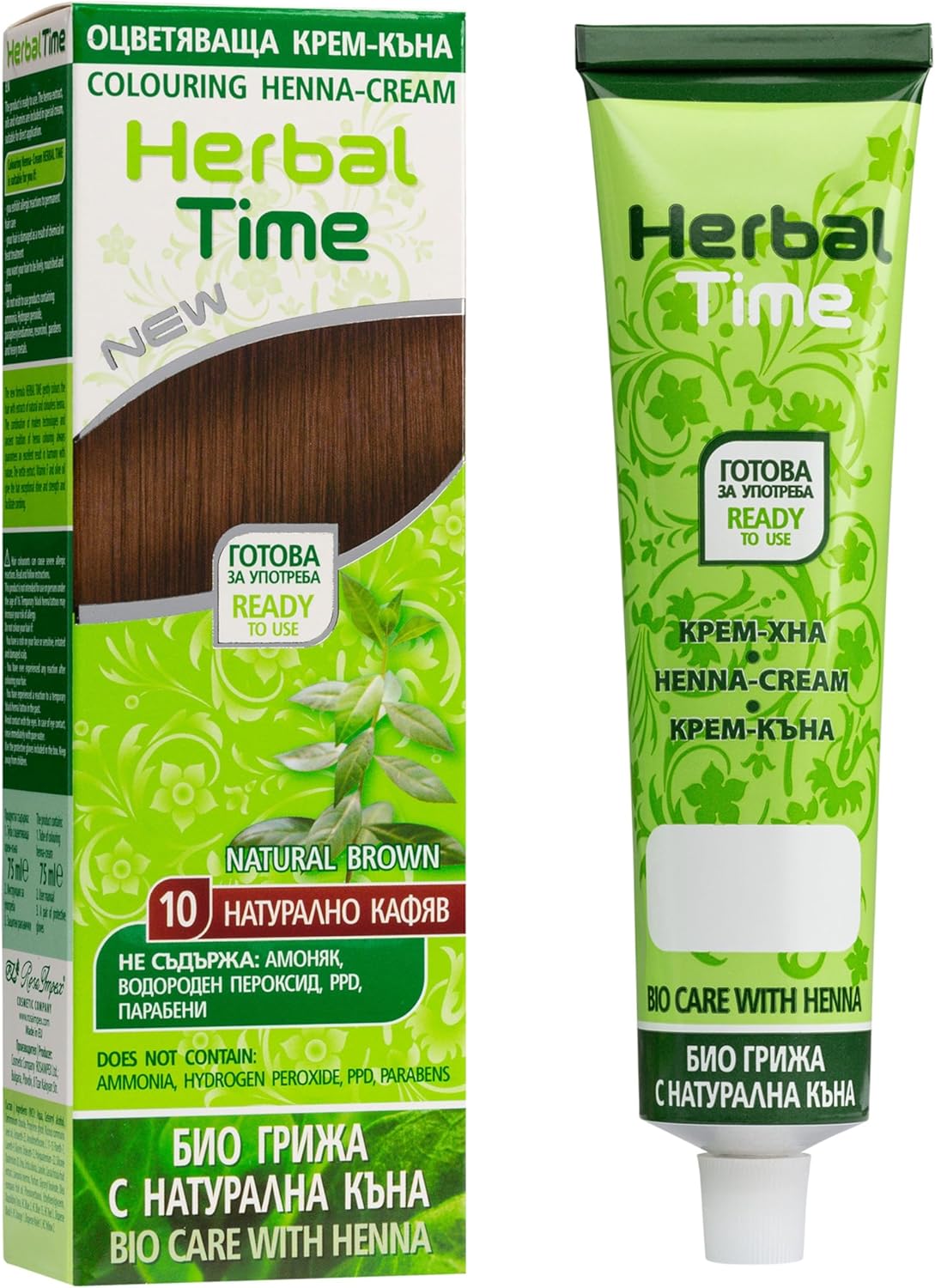 Herbal Time Henna Natural Cream Color Natural Brown Nº 10 | Coloring With Nettle Extract | Gray Hair Cover | Temporary Dye | Ammonia, Sulfates, Parabens Free | 75 ml