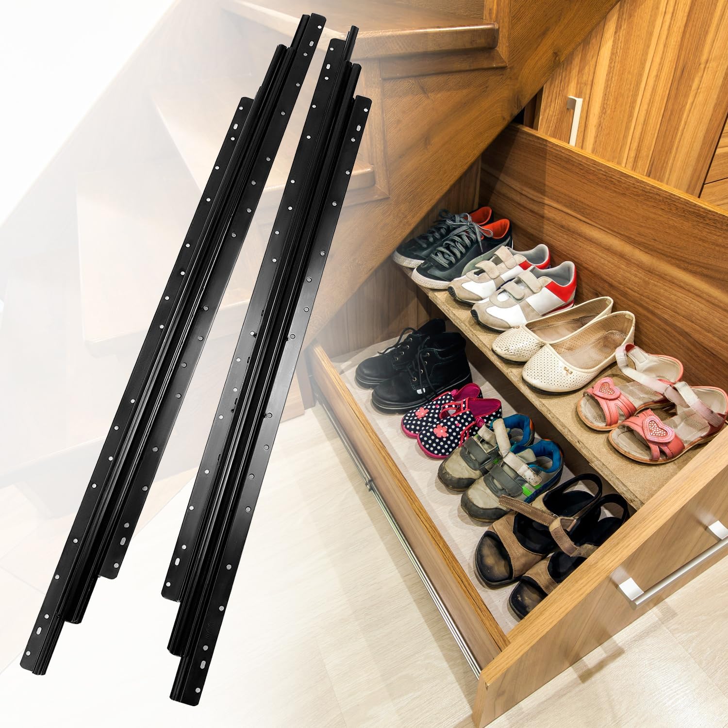 QWORK® Heavy Duty Drawer Runners Slides for Under Stairs Storage 800-1850mm, Full Extension, Black, Load Capacity 120kg, 1Pair, with Screws