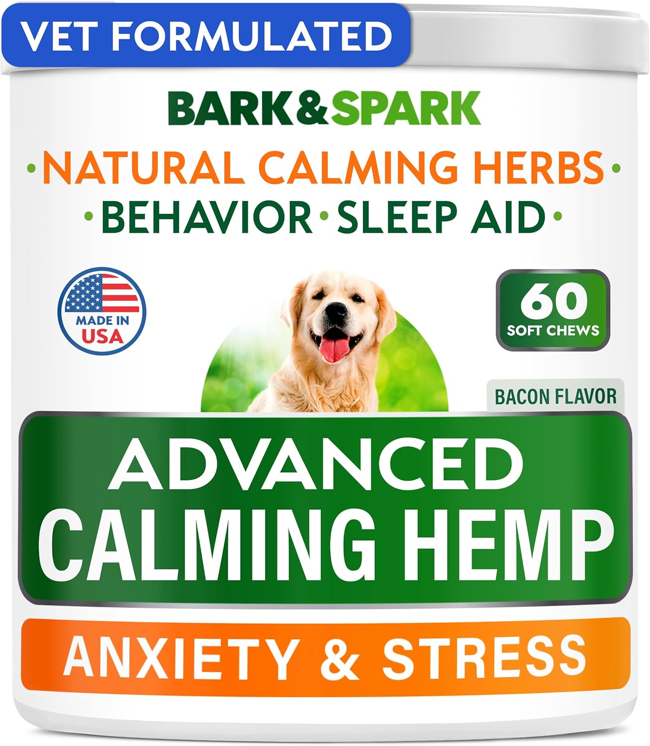 BARK&SPARK Advanced Calming Chews for Dogs - Hemp Chew + Melatonin - Anxiety Relief - Sleep Aid - Relaxing Treats - Stress Relief During Fireworks, Storms, Thunder, Barking - Made in USA - BBQ - 60Ct