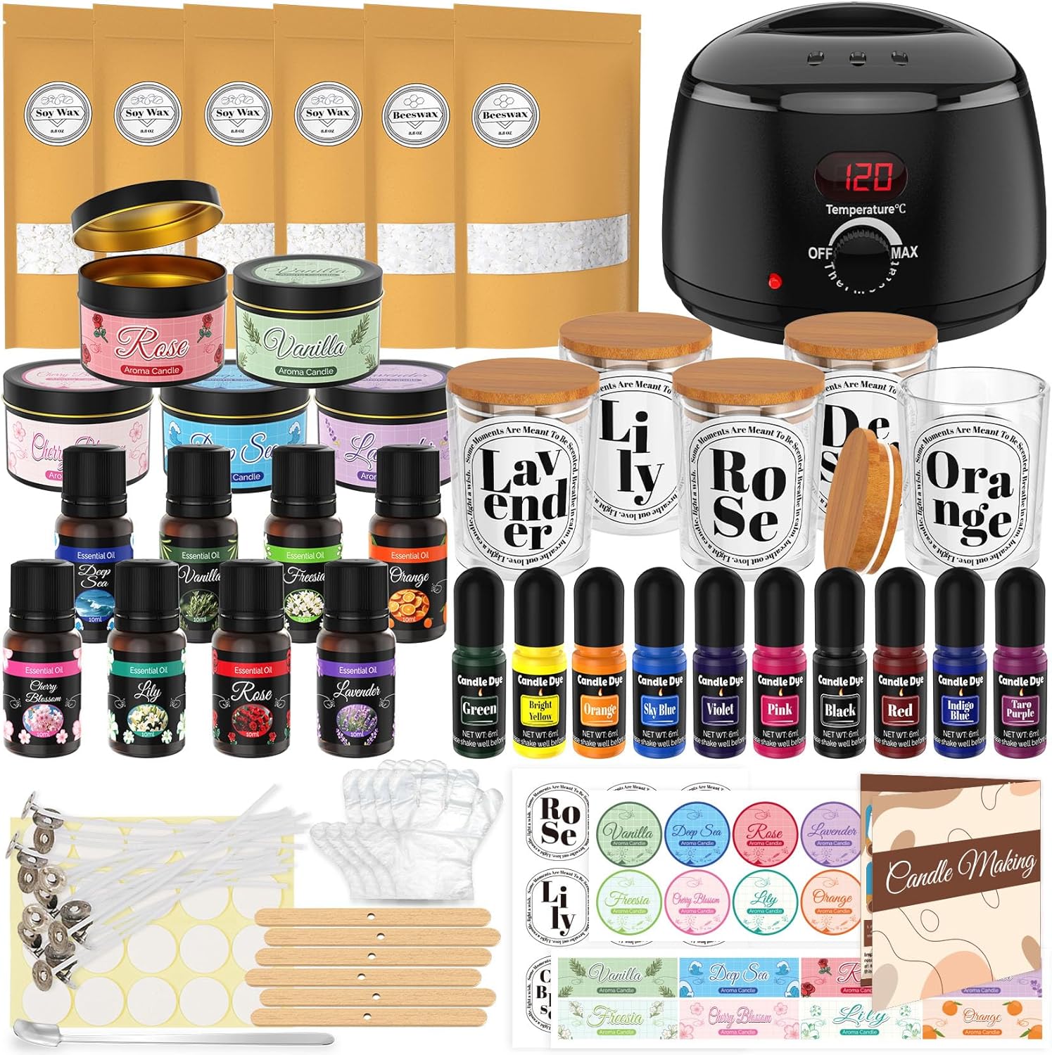 Candle Making Kit for Adults - 43 PCS Complete DIY Candle Making Supplies, Include Wax Melter, 1500G Soy Wax Beeswax, 8 Scents, 10 Dyes, 10 Jars, 20 Wicks & More - Great for Beginner, Home Decoration