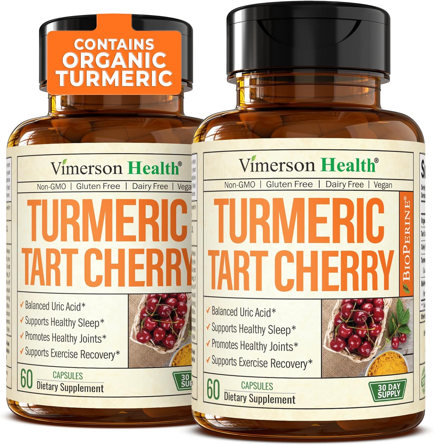 Turmeric Curcumin & Tart Cherry Extract Capsules with Black Pepper & Organic Tumeric. Tart Cherry Capsules Aid Uric Acid Balance, Joint Health, Muscle Health & Sleep. 2 Pack