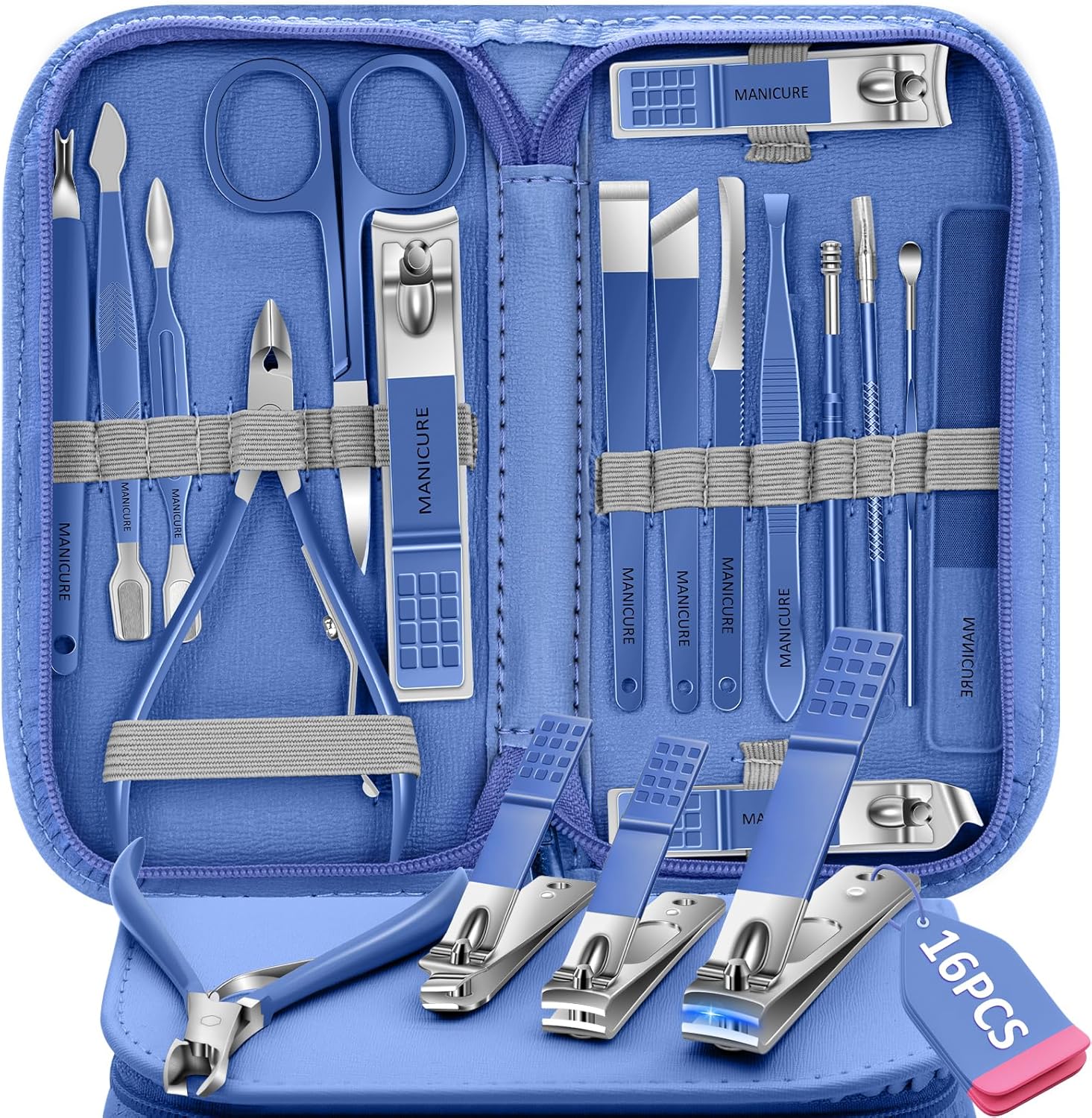Manicure Set Nail Clipper Set, 16 In 1Pedicure Manicure Kit Professional Pedicure Set Women Men Personal Nail Care Kit with Travel Case Blue