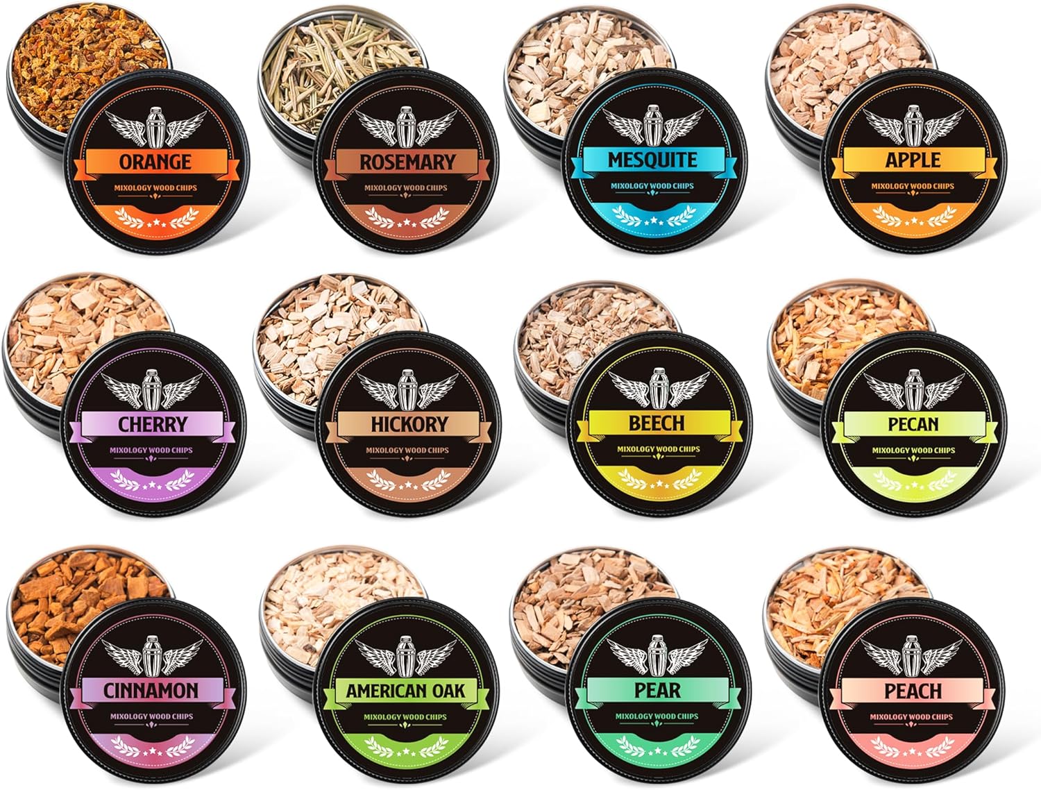 Natural Wood Chips for Cocktail Smoker, 12 Flavors Wood Chips Including Apple,Cherry,Oak,Mesquite,Pecan,Pear,Peach,Hickory,Beech,Organge, Rosemary,Cinnamon, Gifts for Men,Dad,Husband