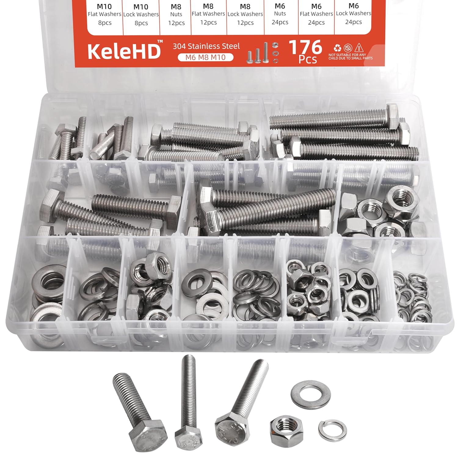 176PCS M6 M8 M10 Nut and Bolt Assortment Sets Heavy Duty, 304 Stainless Steel Hex Head Screw Assortment Kit, Outer Hexagon Machine Screws Bolts/Nuts/Lock Washers/Flat Washers Assortment Set