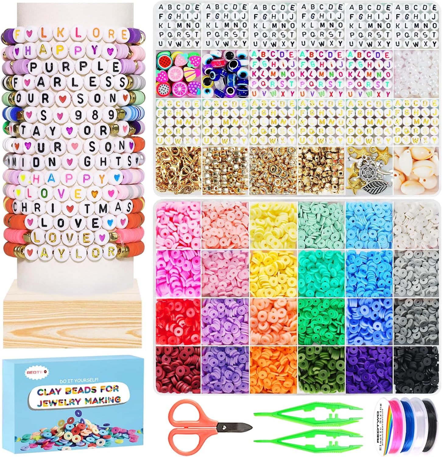 Redtwo Friendship Bracelet Kit Concert Bracelets Merch, 2 boxs 7200pcs Clay Beads Jewelry Making Kit with Number Letter Beads Album Inspired Bracelets Gift for Girls Kids Teen Crafts